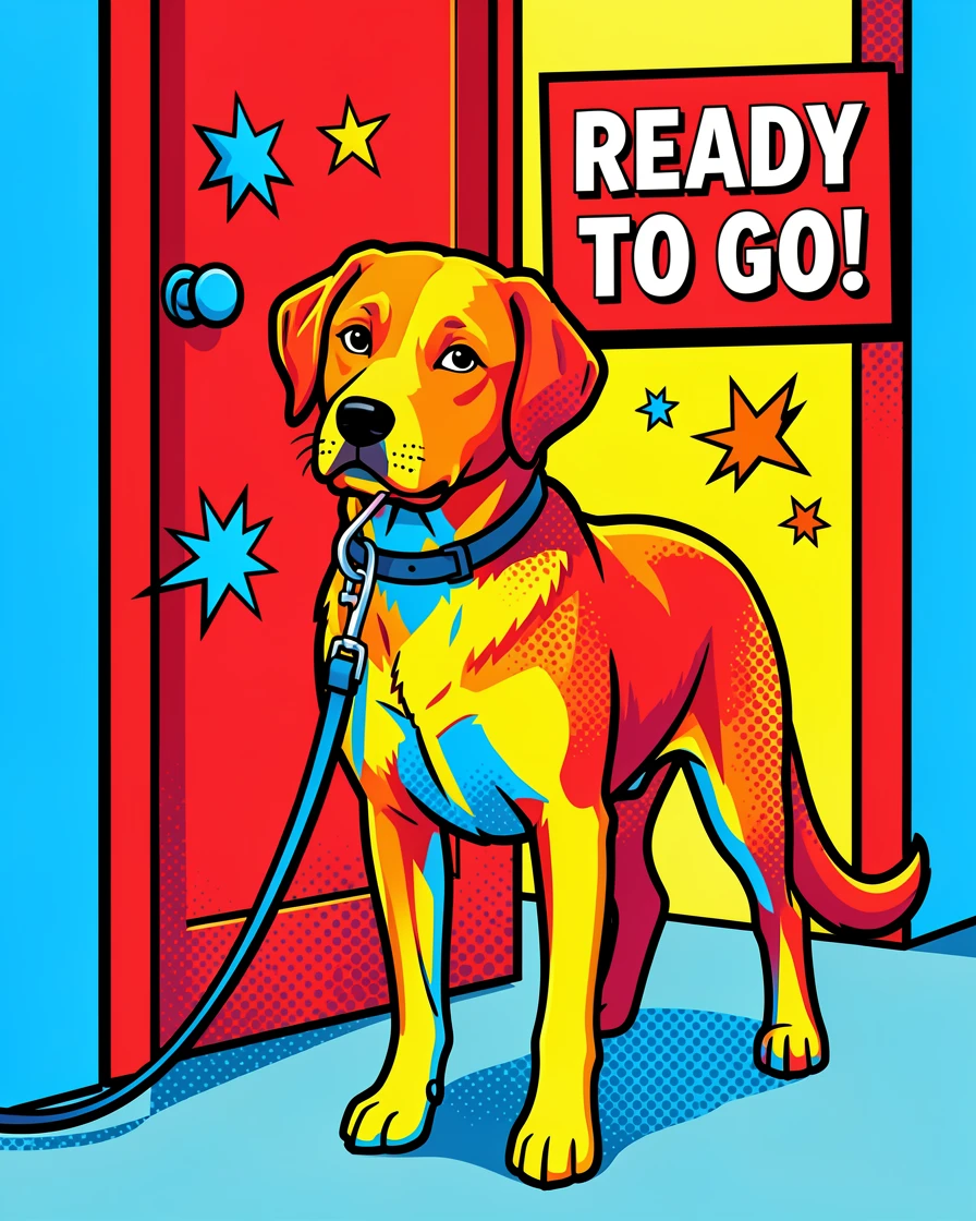 A dog waiting patiently by the door with its leash
