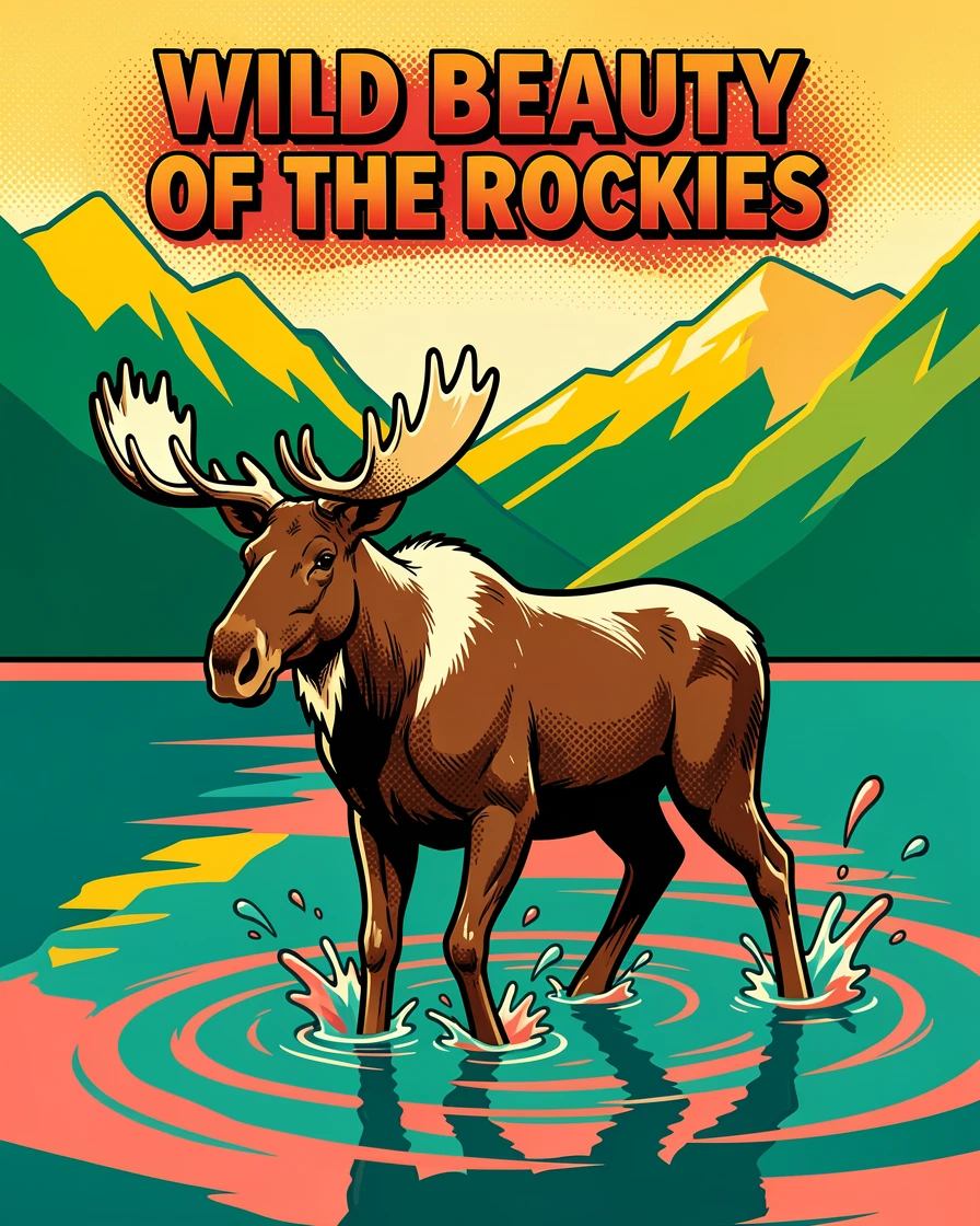 A moose wading through a still lake in the Canadian Rockies