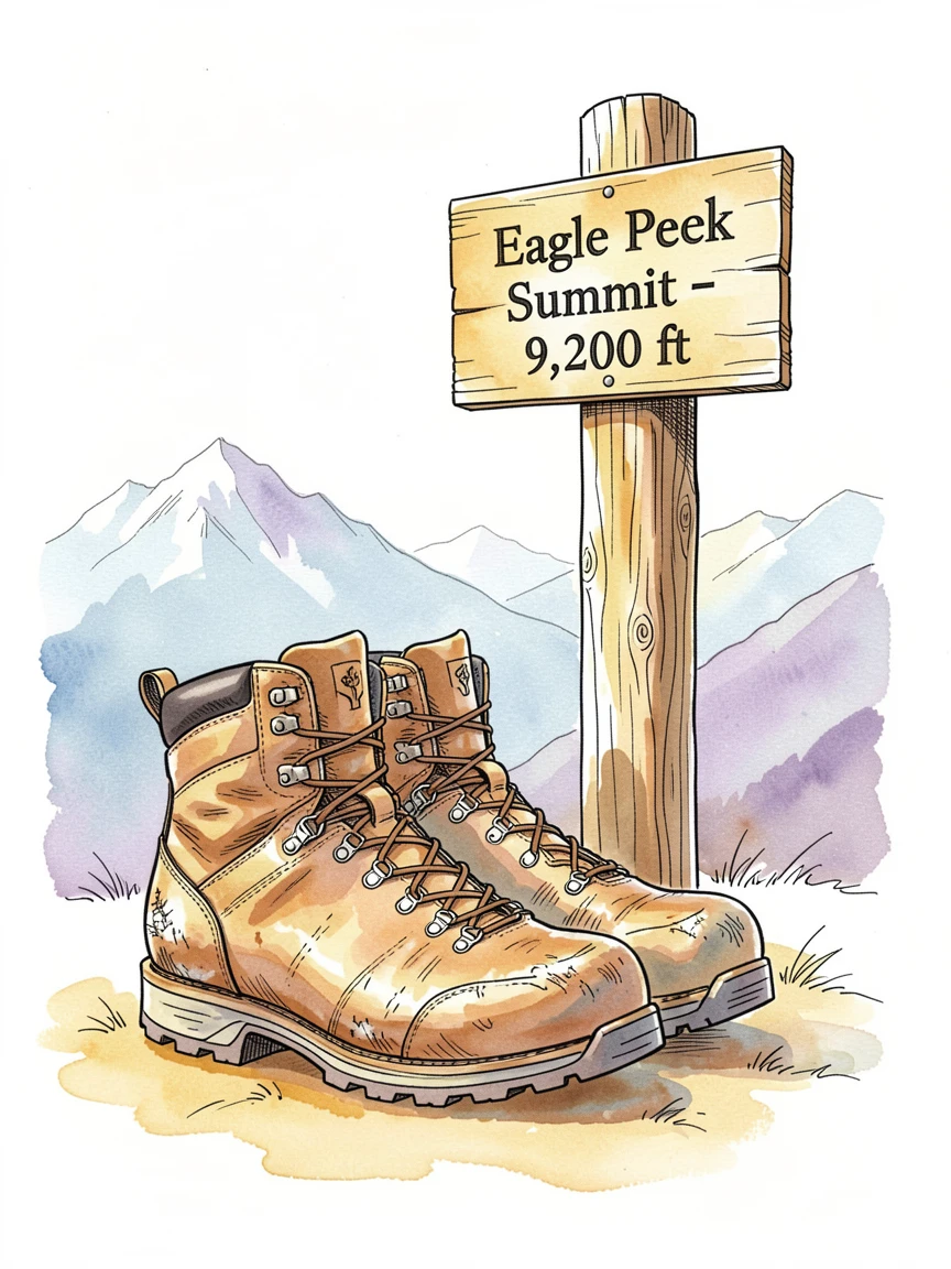 A worn pair of hiking boots resting beside a mountain summit marker, warm light framing the scene with gentle optimism.