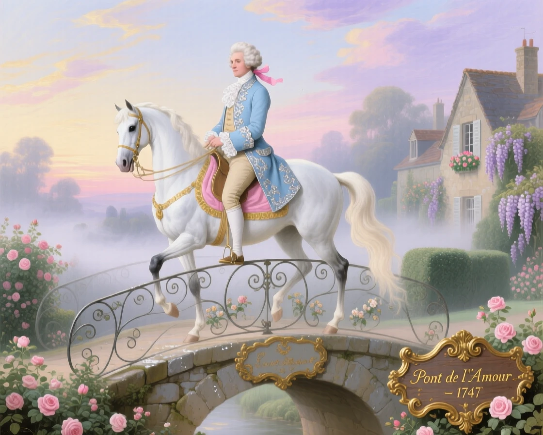 A gentleman on horseback crossing a misty stone bridge at dawn  