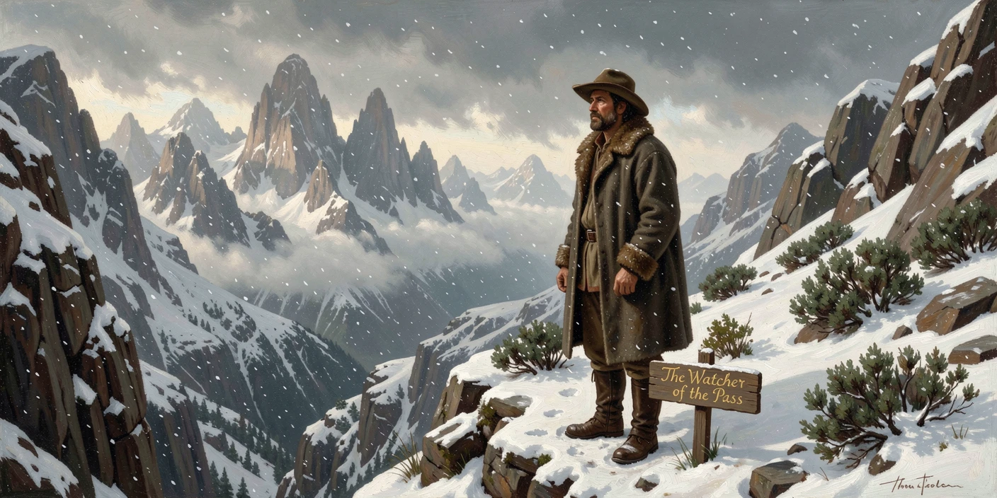 A mountain shepherd stands atop a narrow mountain pass while snow begins to fall.