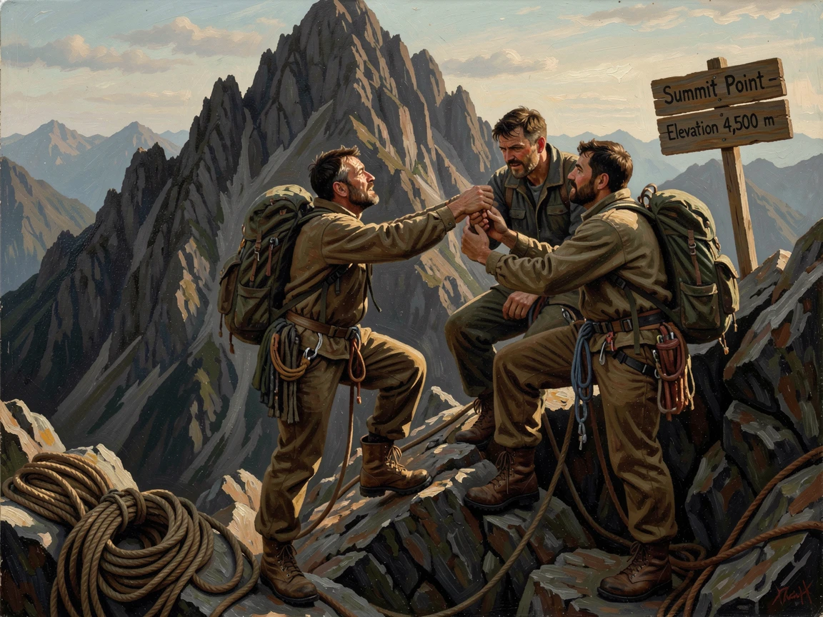 A team of climbers helping one another up the final stretch of a summit, as a single meaningful gesture captures the heart of the moment, capturing a powerful moment of hope, resilience, and human triumph