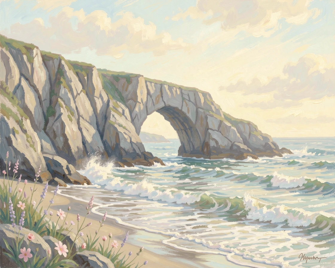 A dramatic sea arch carved into a cliffside, waves rolling gently through the opening at low tide, in early spring, conveying a feeling of romance and tranquility.