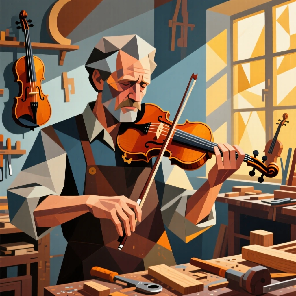 A medium shot portrait of a violin maker in a bustling studio filled with warm afternoon light, focused and content in the craft.