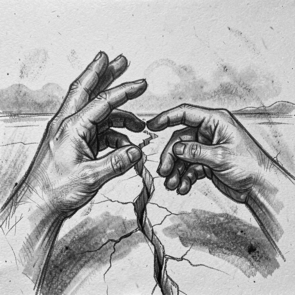 Two hands reaching toward each other across a divide, on a quiet, peaceful afternoon.