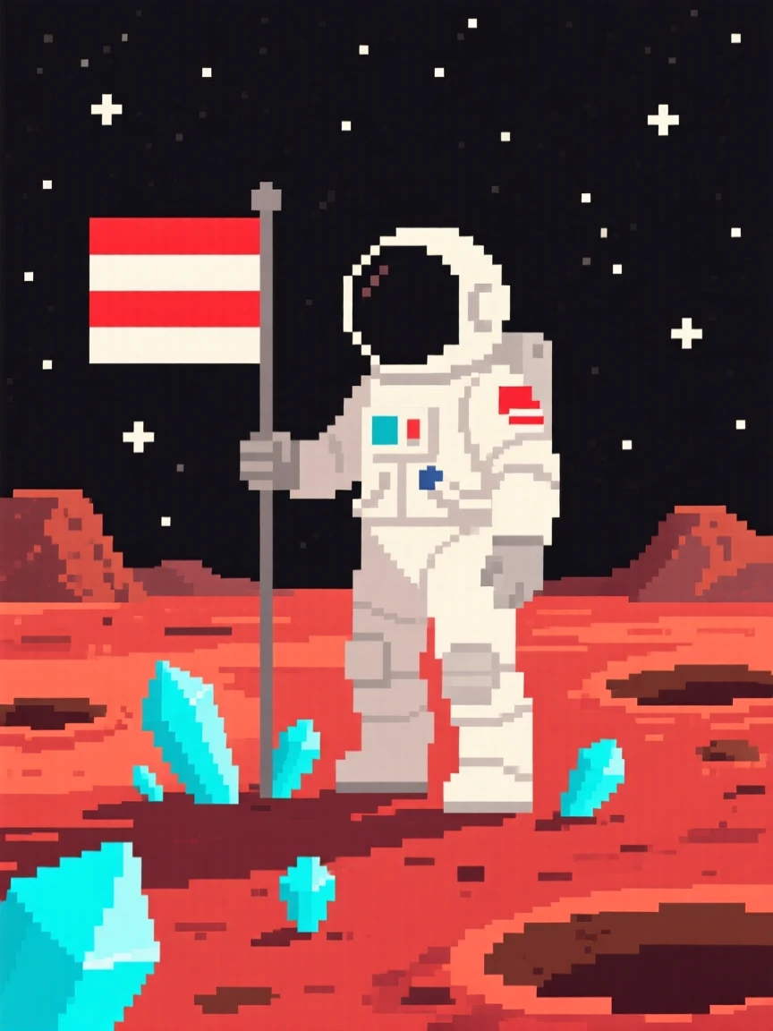 A lone astronaut planting a flag collecting glowing space crystals, on the surface of a distant red planet.