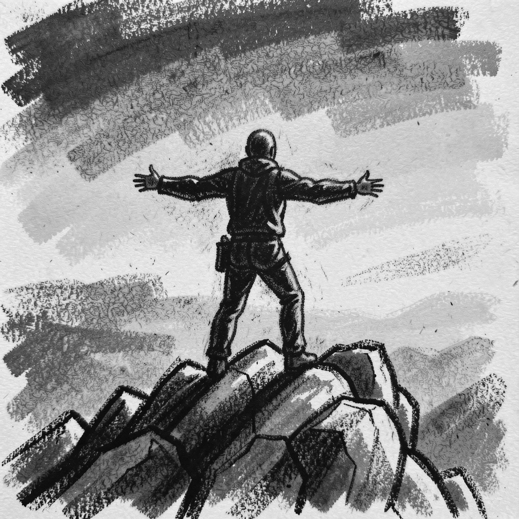 A lone climber reaching the summit at sunrise, arms outstretched, in a moment of quiet togetherness.