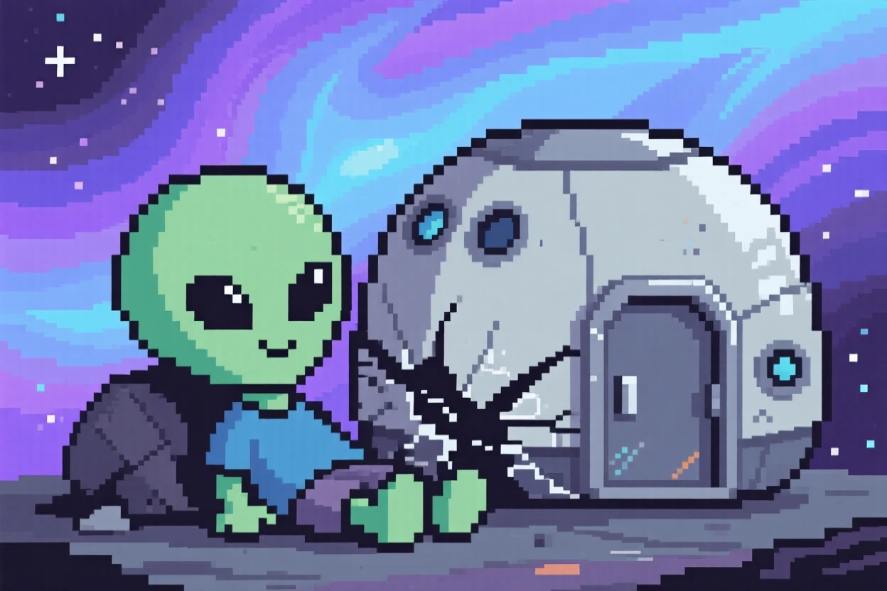 A curious alien child resting beside a crashed but harmless spacecraft, within a nebula glowing in shades of purple and blue.