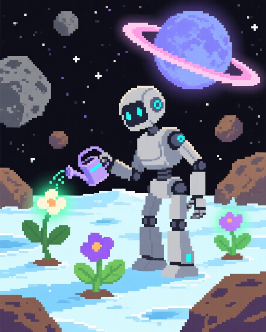 A robotic gardener tending space plants floating peacefully among a field of asteroids, on a frozen moon under a ringed planet's glow.