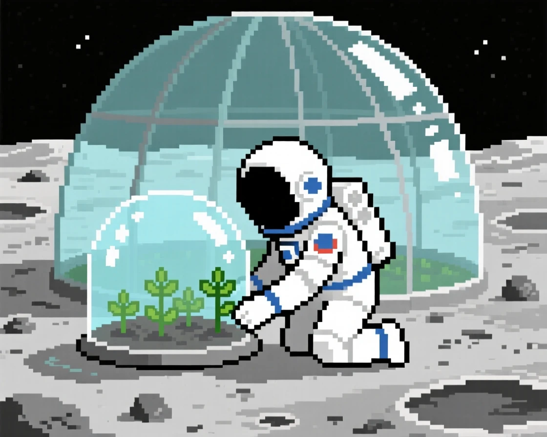 A small astronaut planting a small garden inside a glass dome, within a greenhouse dome on the moon.
