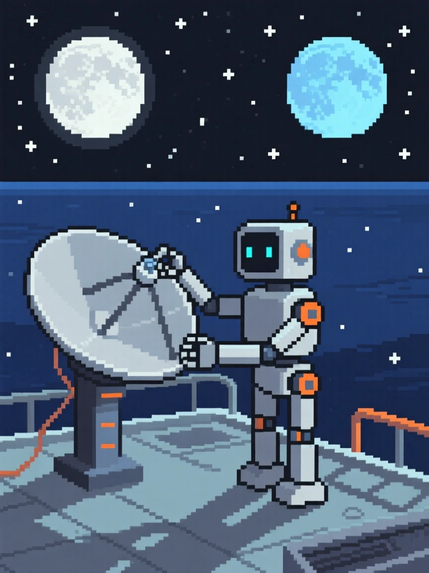 A robot fixing a satellite dish watching two moons rise over the horizon, aboard a small spacecraft drifting through the stars.