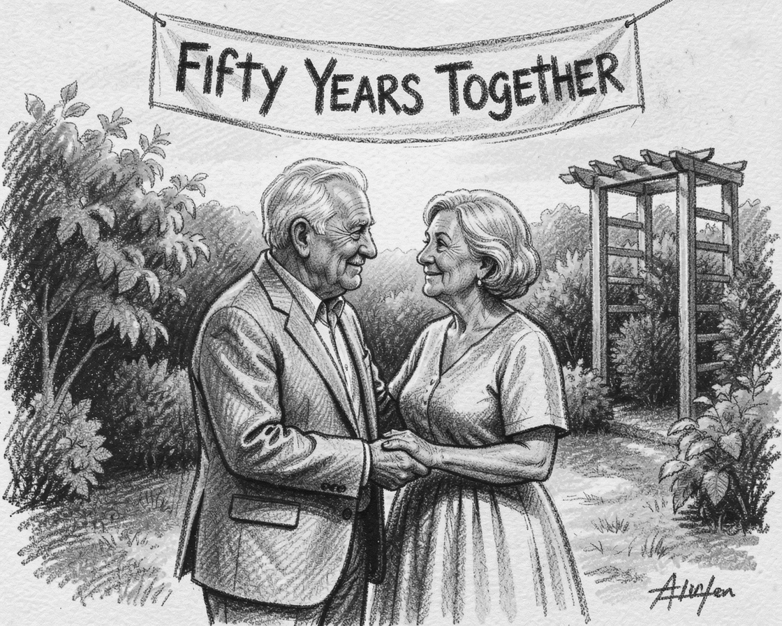 An elderly couple renewing their vows after fifty years, as golden afternoon sun spills across the scene.
