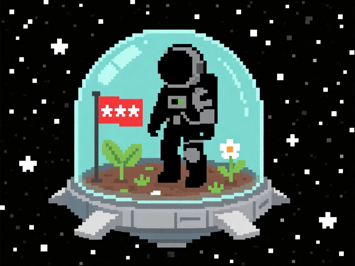 A lone astronaut planting a flag planting a small garden inside a glass dome, aboard a small spacecraft drifting through the stars.