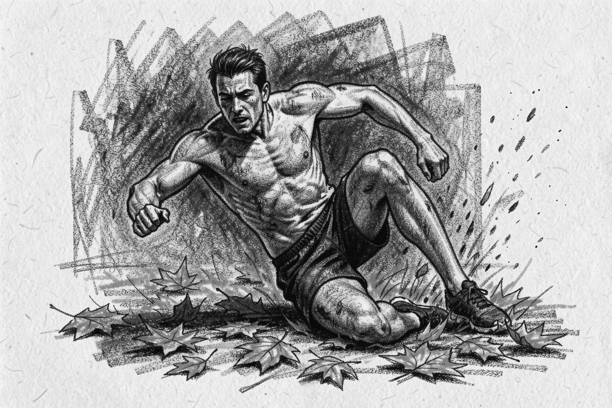 An athlete overcoming a fall to rise and finish the race, with autumn leaves scattered underfoot.