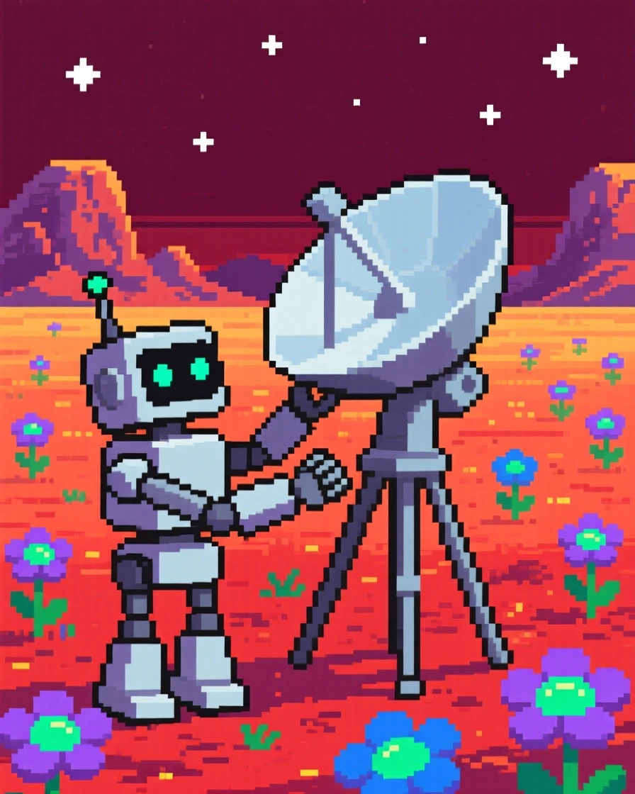 A robot fixing a satellite dish discovering a field of alien flowers, on the surface of a distant red planet.