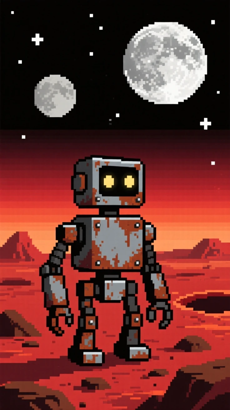 A rusty robot explorer watching two moons rise over the horizon, on the surface of a distant red planet.