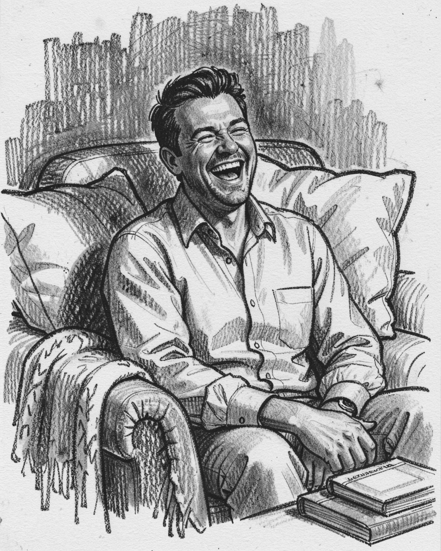 A groom laughing with pure joy, eyes crinkled with happiness, in a cozy reading nook.