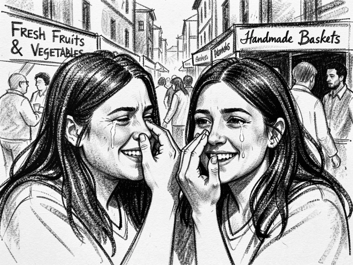 Twin sisters wiping away a single tear of joy, in a bustling market square.