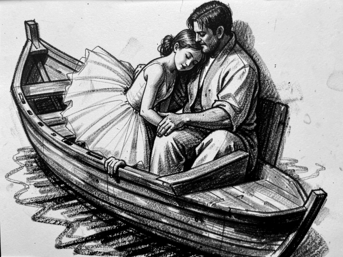 A young ballerina resting their head on a partner's shoulder, in an old wooden rowboat.