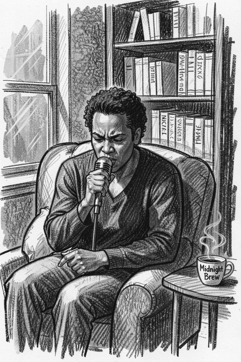 A jazz singer working intently with focused concentration, in a cozy reading nook.