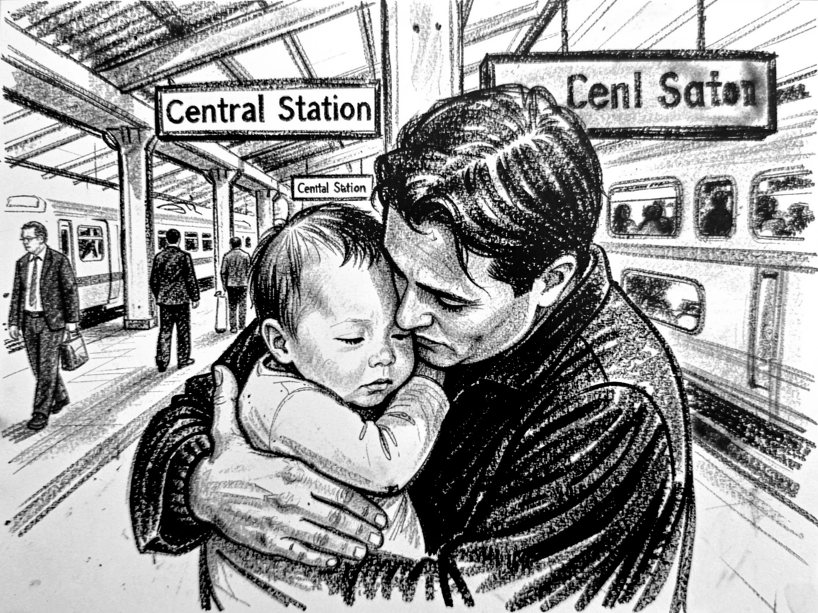 A newborn baby resting their head on a partner's shoulder, at a busy train station.