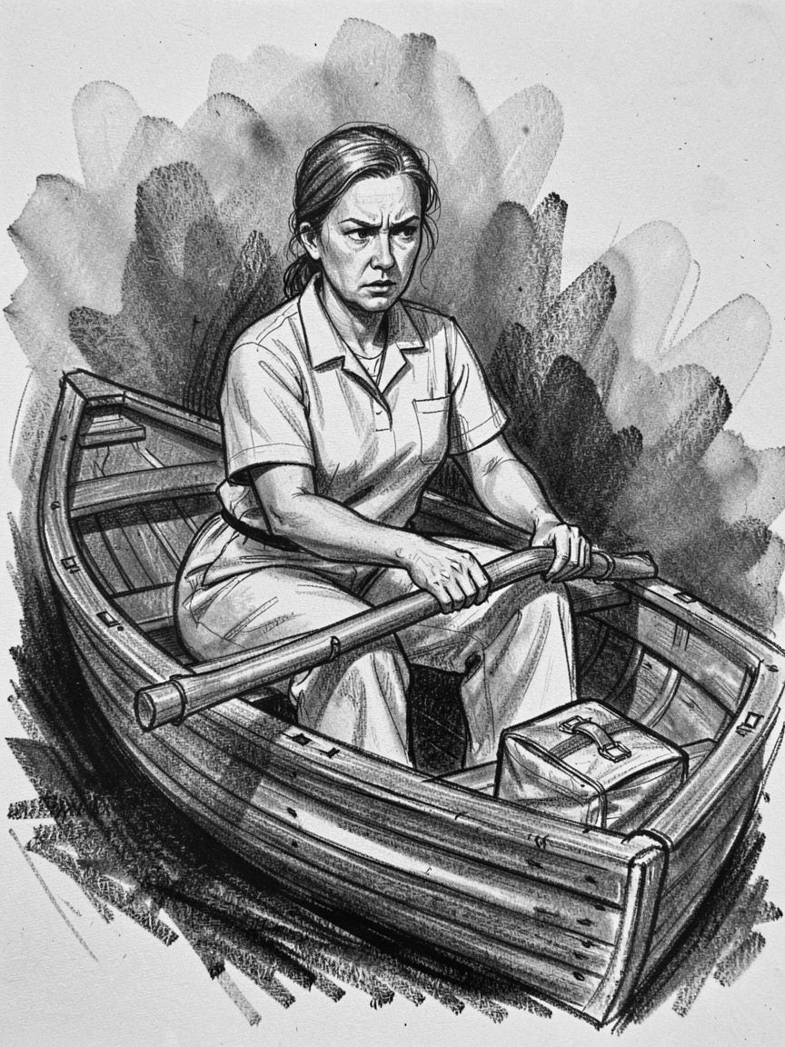 A nurse working intently with focused concentration, in an old wooden rowboat.