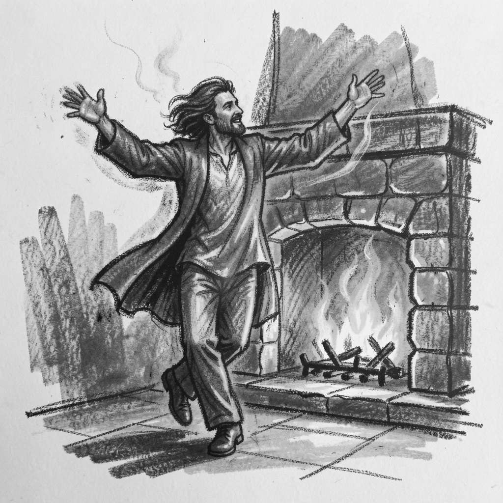 A poet dancing freely with arms outstretched, beside a crackling fireplace.
