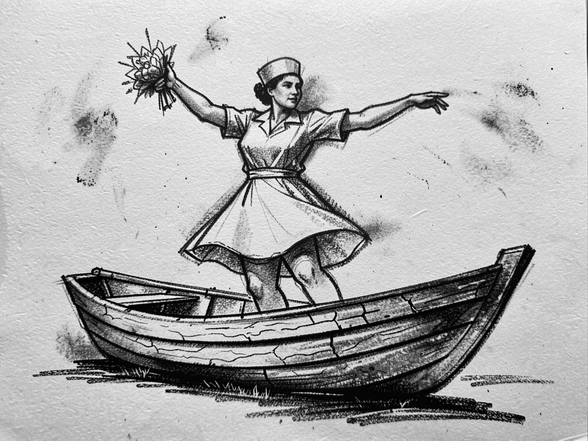 A nurse dancing freely with arms outstretched, in an old wooden rowboat.