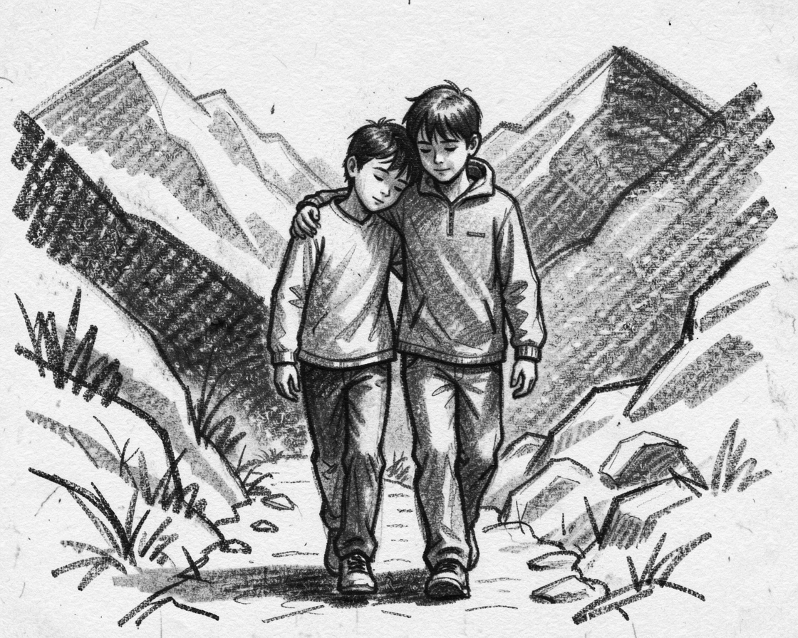 A young boy resting their head on a partner's shoulder, on a mountain trail.