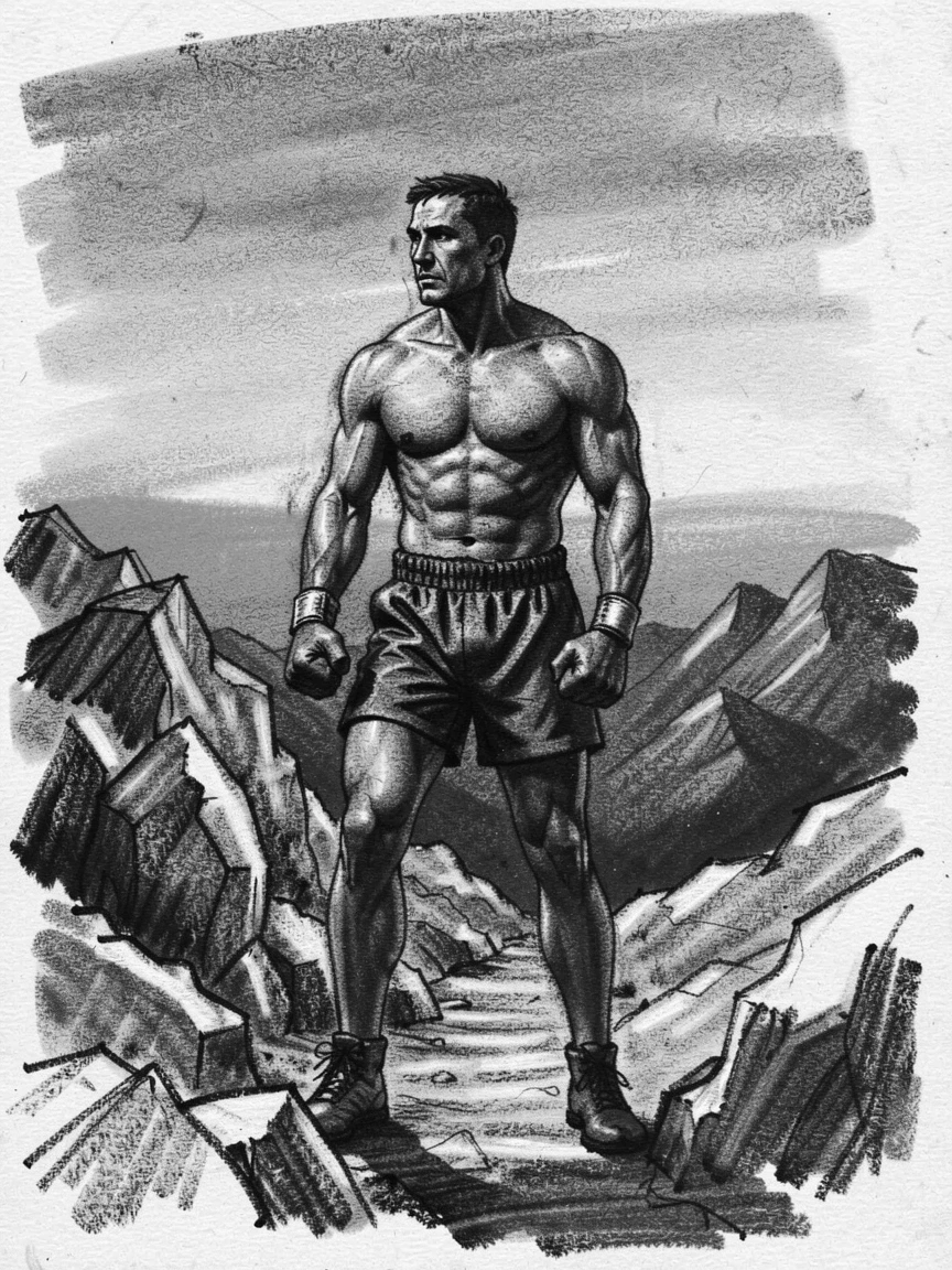 A boxer gazing thoughtfully into the distance at sunset, on a mountain trail.