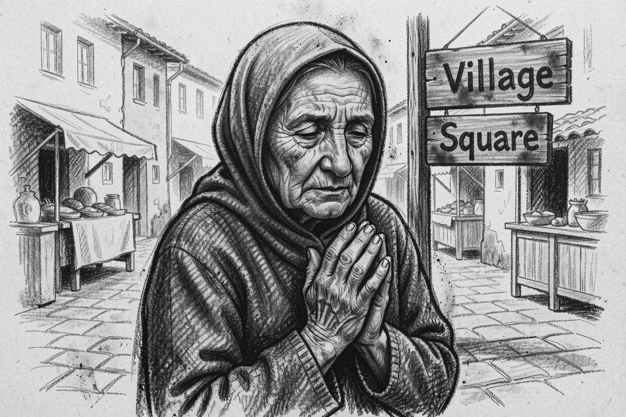 A grandmother praying quietly with hands clasped together, in a small village square.
