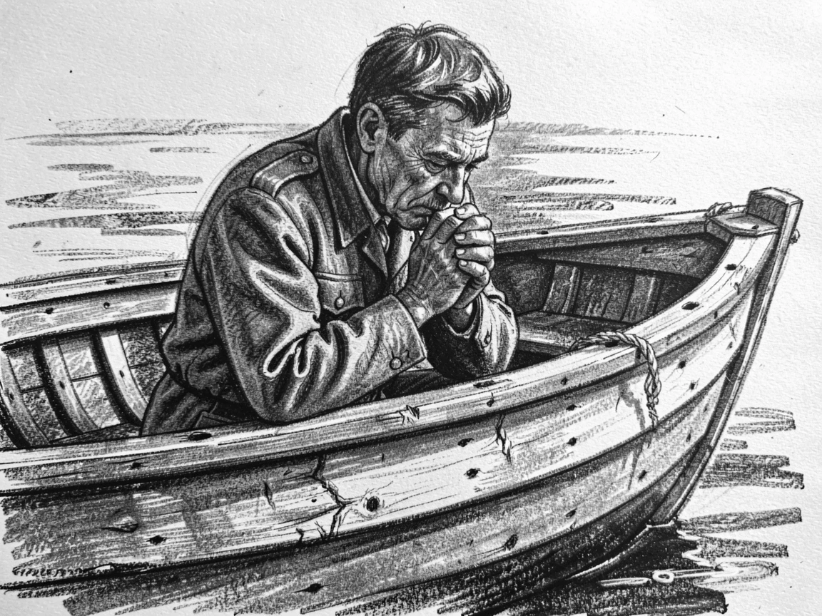 A war veteran praying quietly with hands clasped together, in an old wooden rowboat.