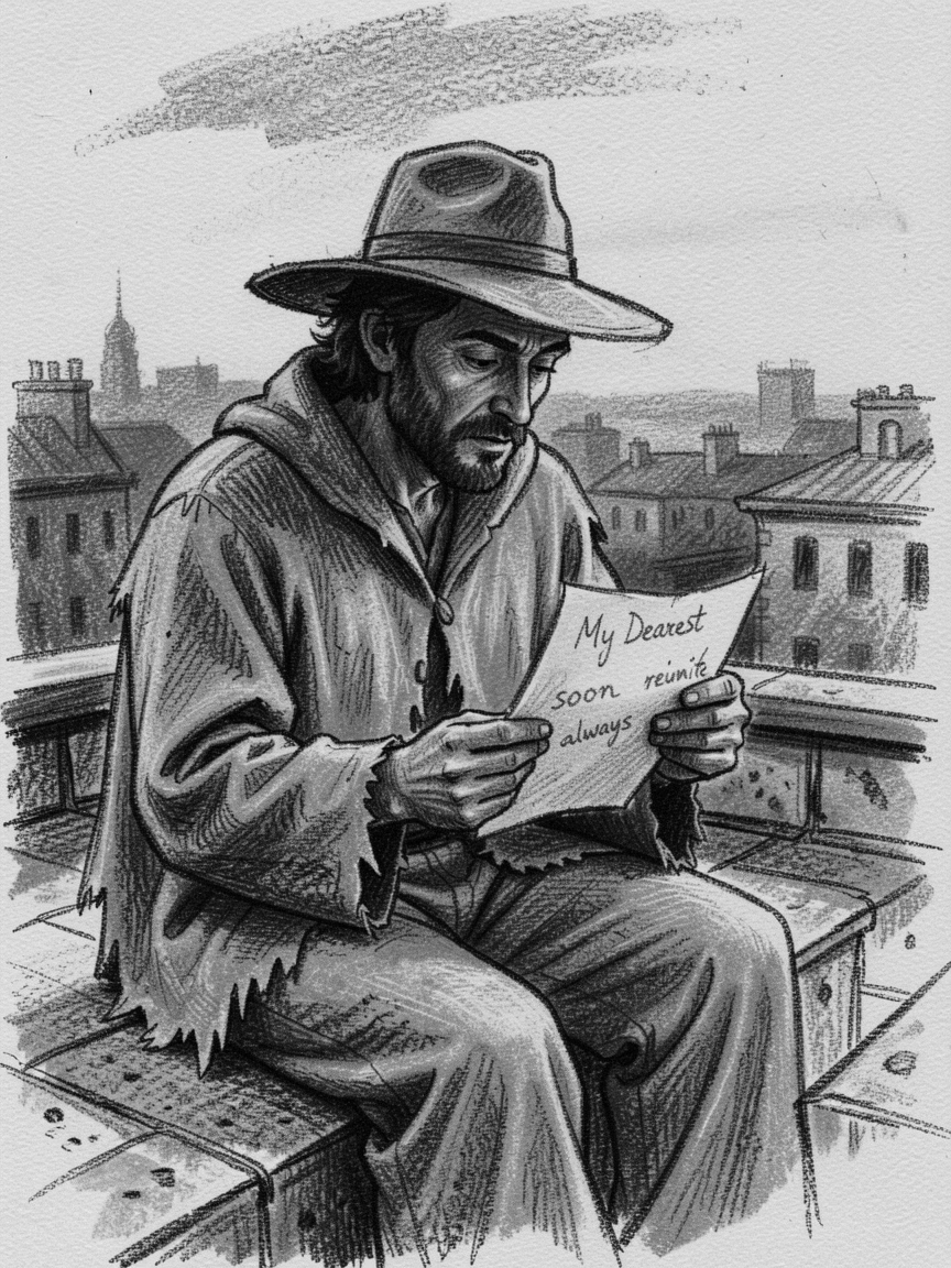 A shepherd reading a letter with a mixture of hope and longing, on a city rooftop at dusk.