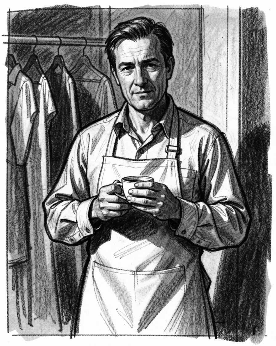 A tailor holding a cup of tea with both hands, lost in memory, backstage before a performance.