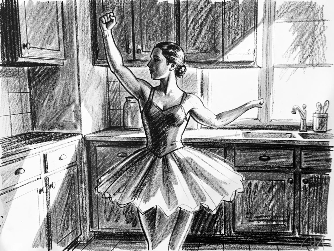 A ballet dancer celebrating a small victory with a raised fist, in a sunlit kitchen.