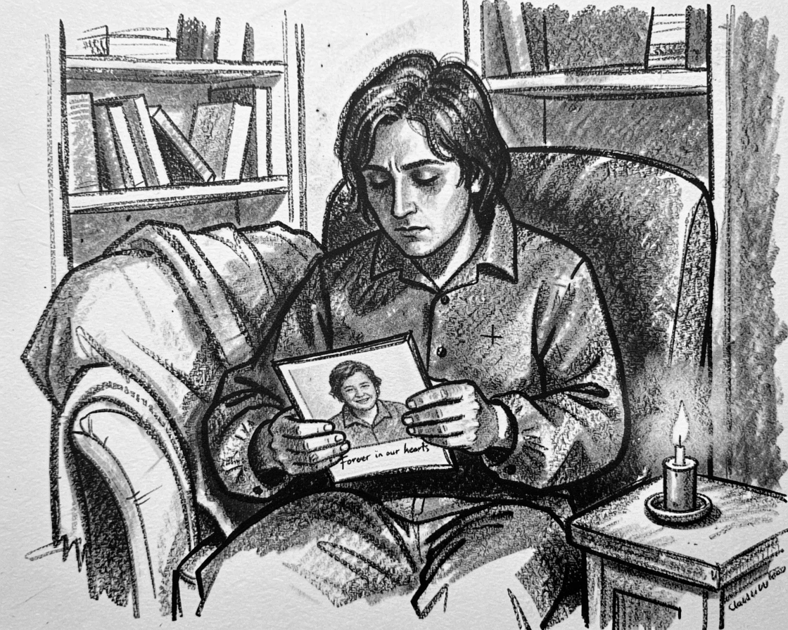 A poet holding a photograph of a departed loved one, in a cozy reading nook.