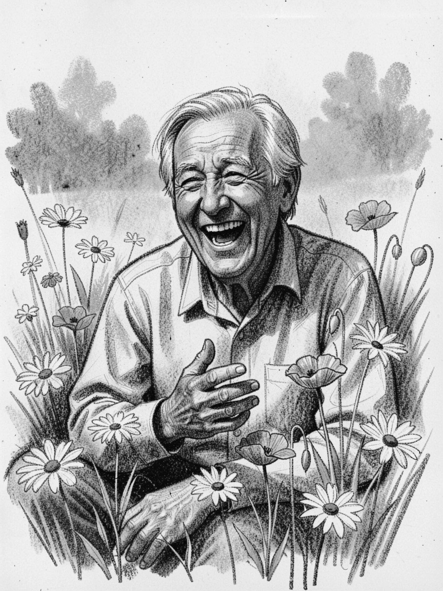 A grandfather caught mid-laugh at a shared joke, in a flower-filled meadow.