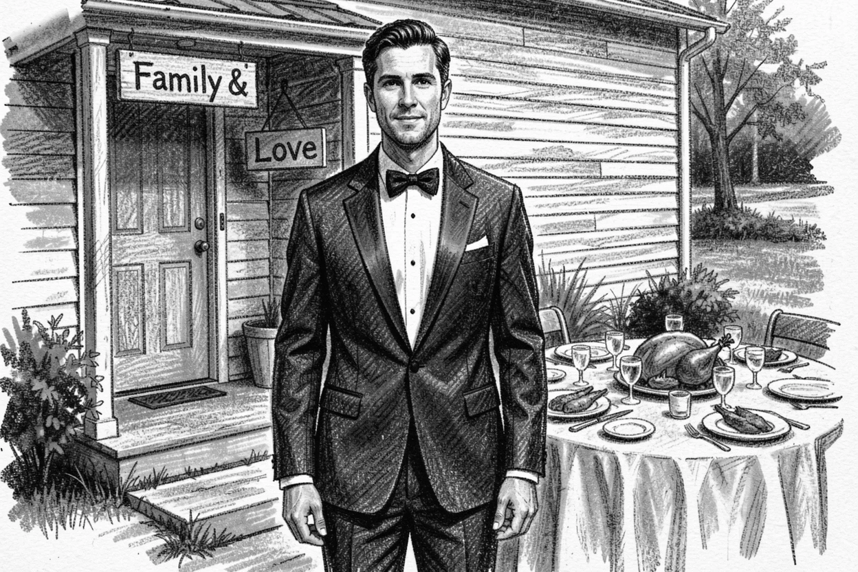 A groom standing proudly in front of their home, at a family dinner table.