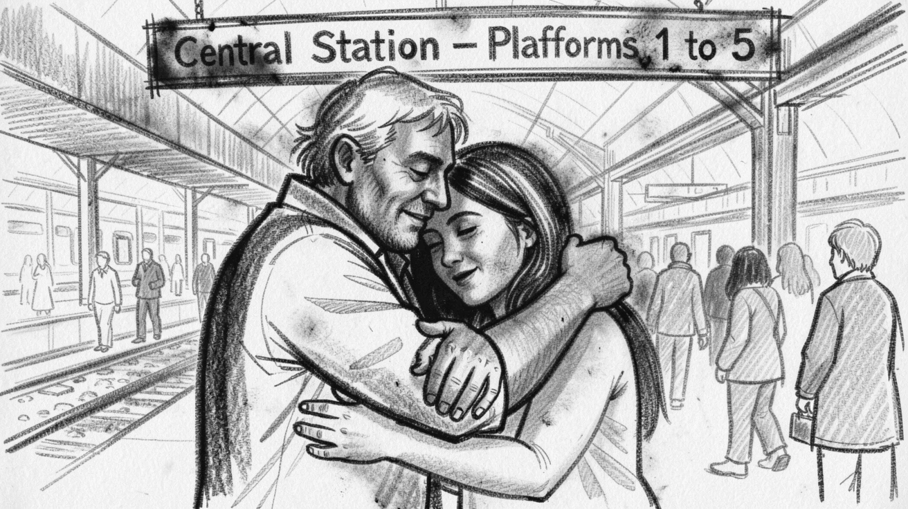 A potter embracing a loved one after a long separation, at a busy train station.