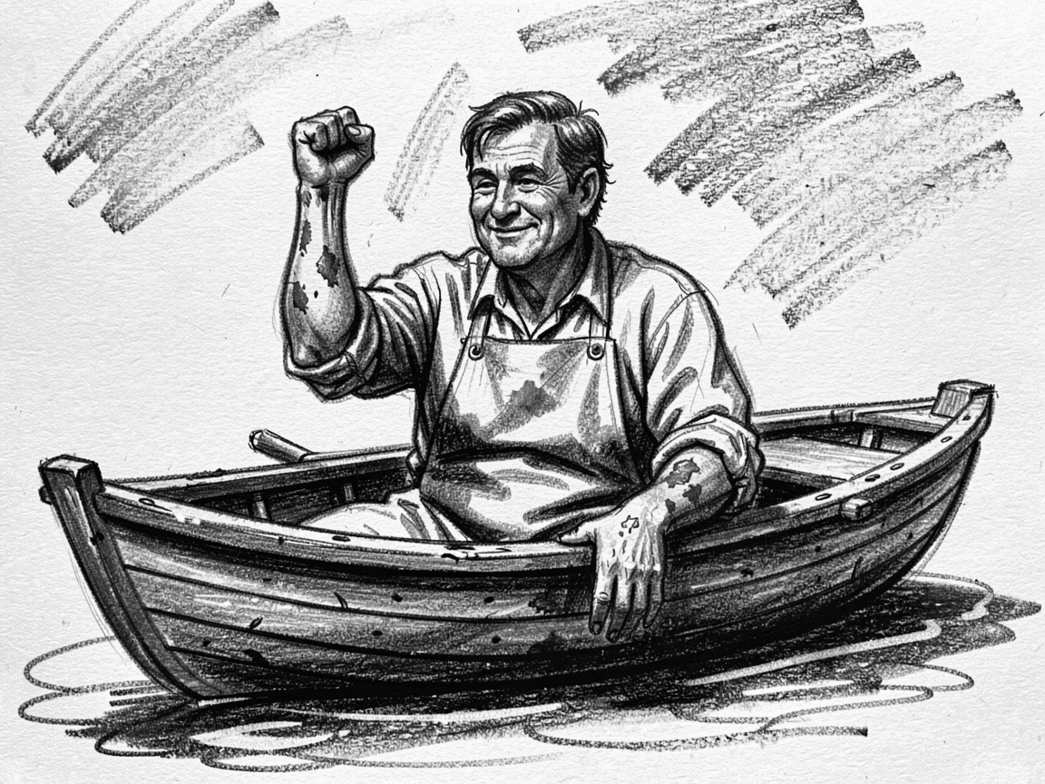 A potter celebrating a small victory with a raised fist, in an old wooden rowboat.