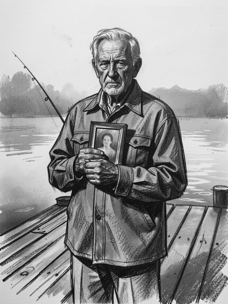 A grandfather holding a photograph of a departed loved one, on a quiet fishing dock at dawn.