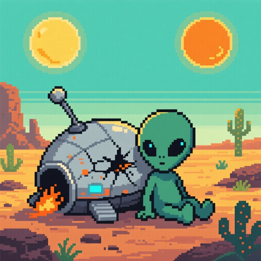 A curious alien child resting beside a crashed but harmless spacecraft, on an alien world with two suns.