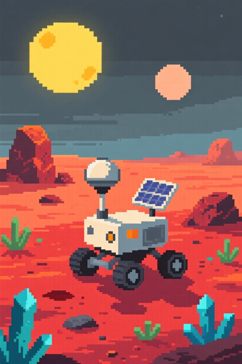 A tiny rover exploring a red planet mapping out an unexplored alien landscape, on an alien world with two suns.