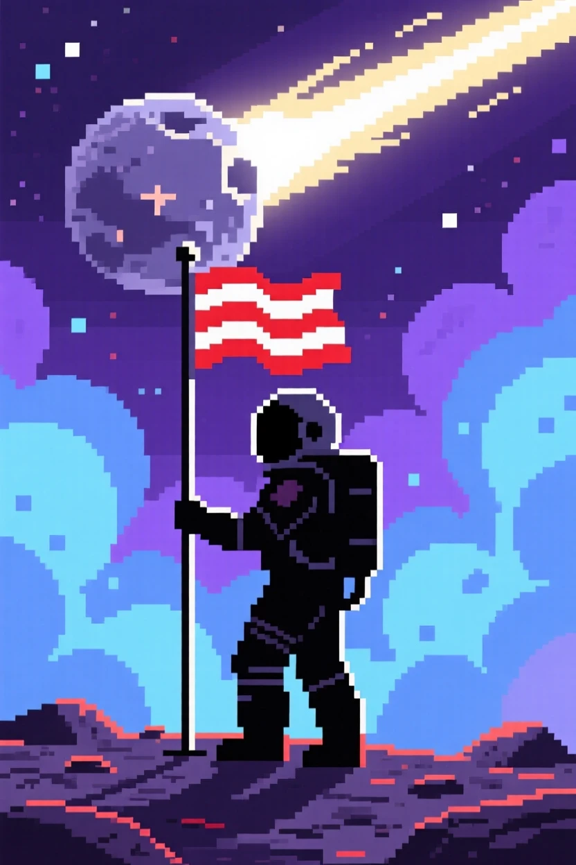A lone astronaut planting a flag waving at a passing comet, within a nebula glowing in shades of purple and blue.