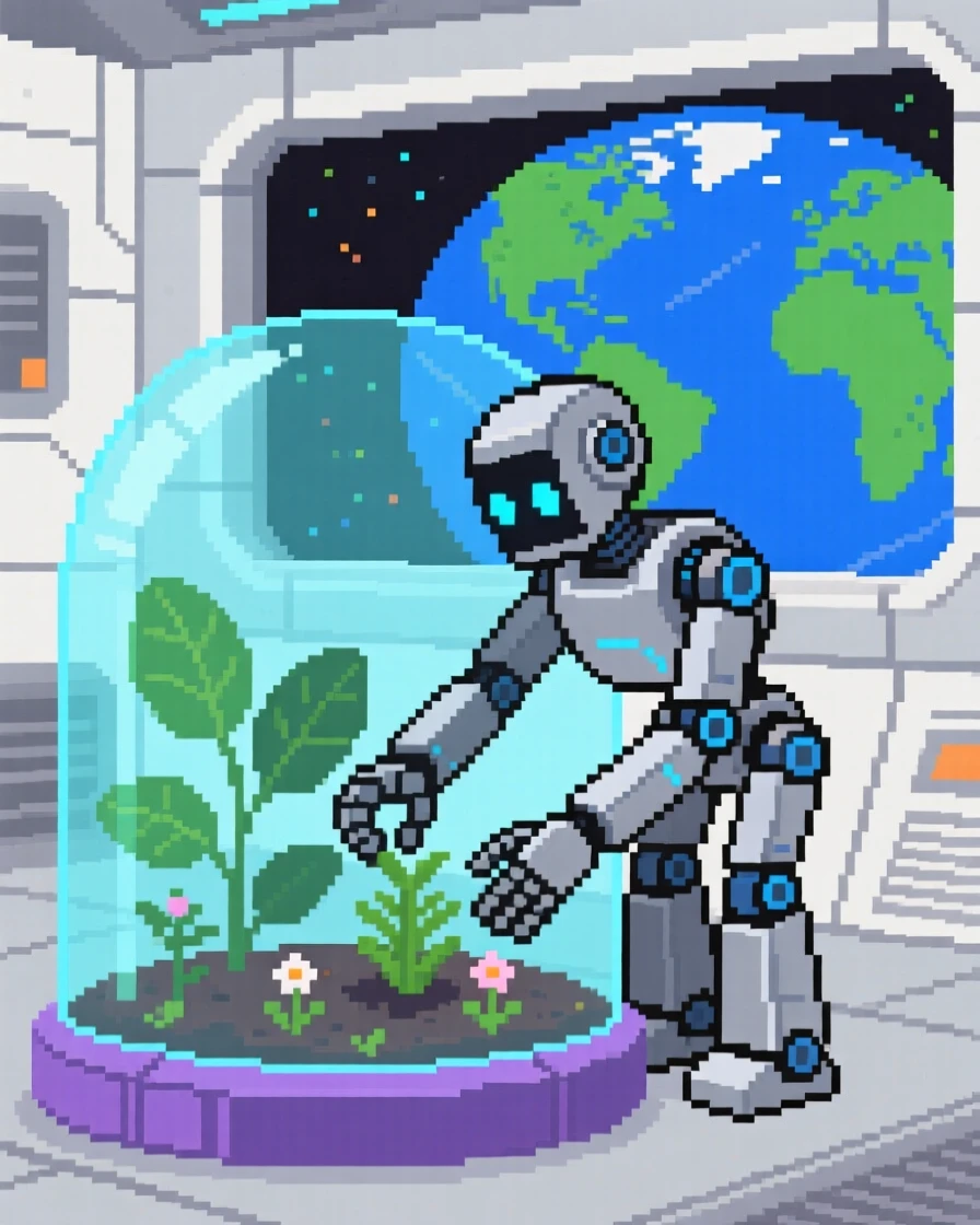 A robotic gardener tending space plants planting a small garden inside a glass dome, inside a space station overlooking Earth.