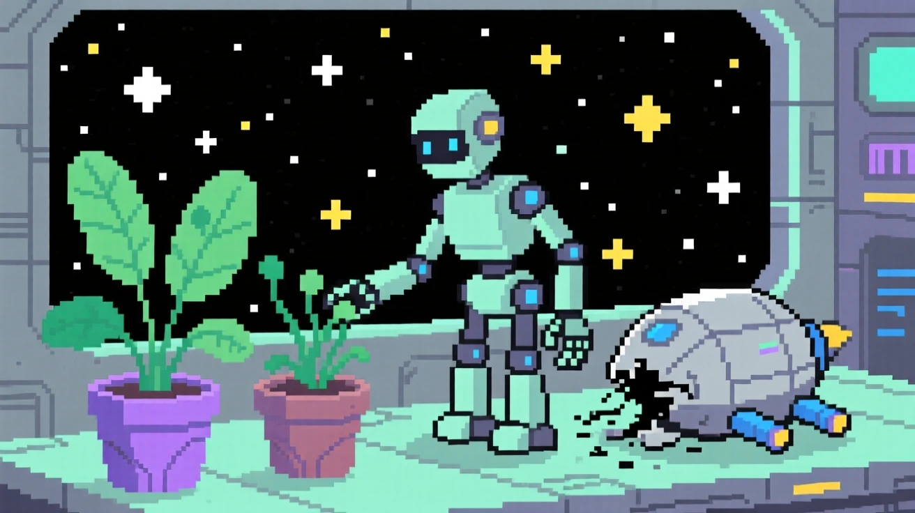 A robotic gardener tending space plants resting beside a crashed but harmless spacecraft, aboard a small spacecraft drifting through the stars.