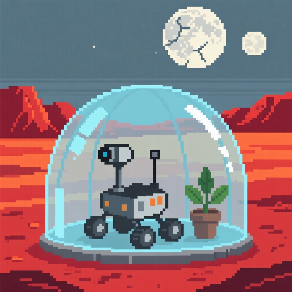 A tiny rover exploring a red planet watching two moons rise over the horizon, within a greenhouse dome on the moon.