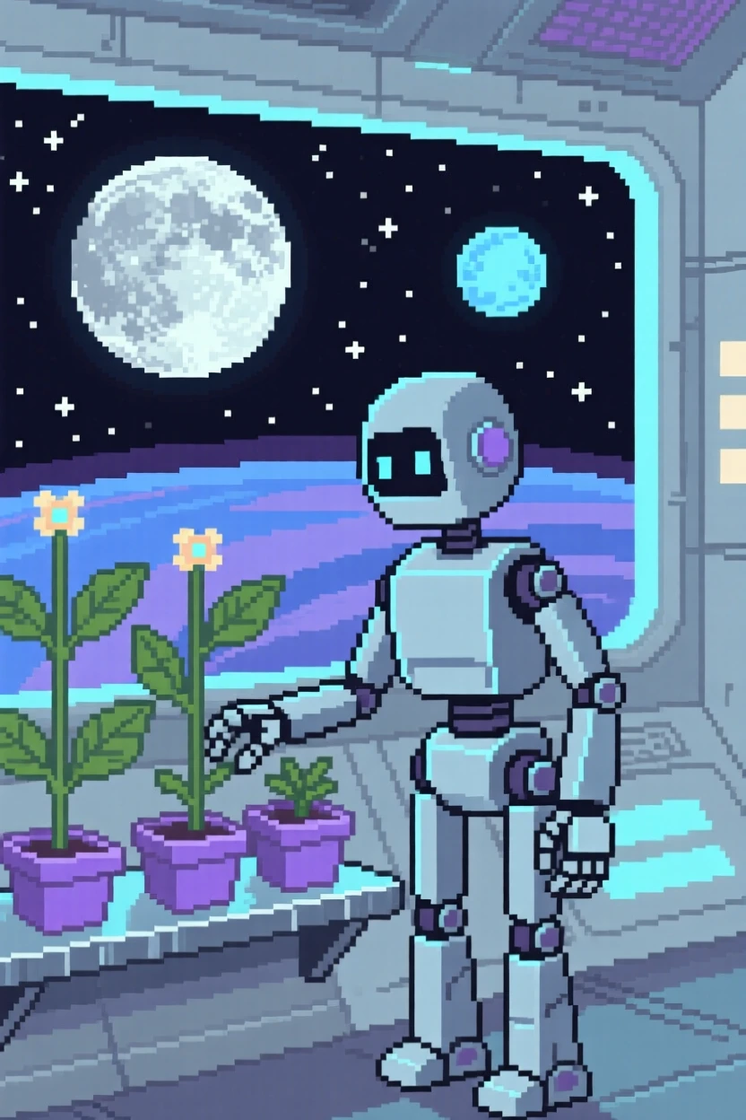 A robotic gardener tending space plants watching two moons rise over the horizon, aboard a small spacecraft drifting through the stars.