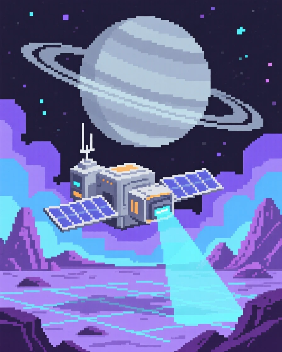 A space station orbiting a ringed planet mapping out an unexplored alien landscape, within a nebula glowing in shades of purple and blue.