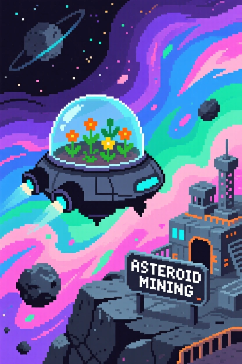 A spacecraft drifting past colorful nebulae planting a small garden inside a glass dome, on a floating asteroid mining outpost.